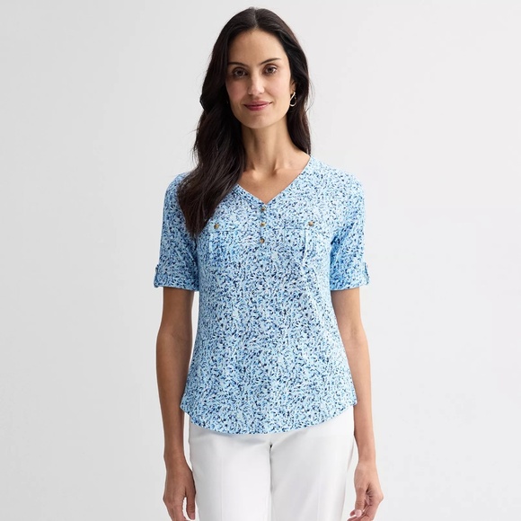 Croft & Barrow Blue Elbow Sleeve Utility Henley Top - Picture 1 of 7